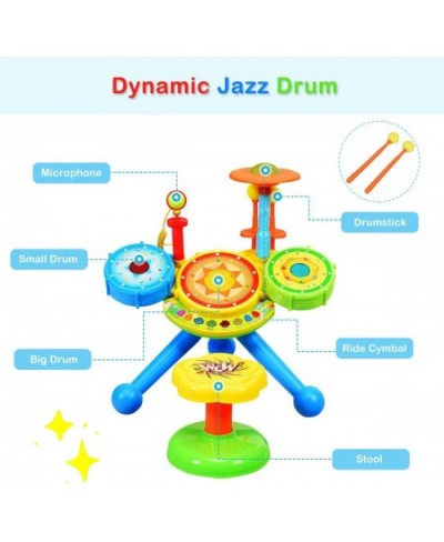 2-in-1 Kids Electronic Musical Toy Drum Set with Microphone and Chair Spanish & English Bilingual Electronic Jazz Drum Set Su...