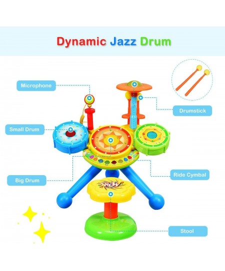 2-in-1 Kids Electronic Musical Toy Drum Set with Microphone and Chair Spanish & English Bilingual Electronic Jazz Drum Set Su...