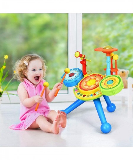 2-in-1 Kids Electronic Musical Toy Drum Set with Microphone and Chair Spanish & English Bilingual Electronic Jazz Drum Set Su...