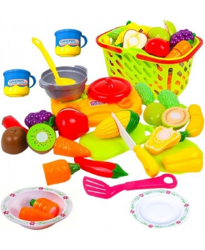 Cutting Play Food Set - Cuttable Play Vegetables and Fruits with Grocery Shopping Basket Mini Cooking Top Pot Dishes and Uten...