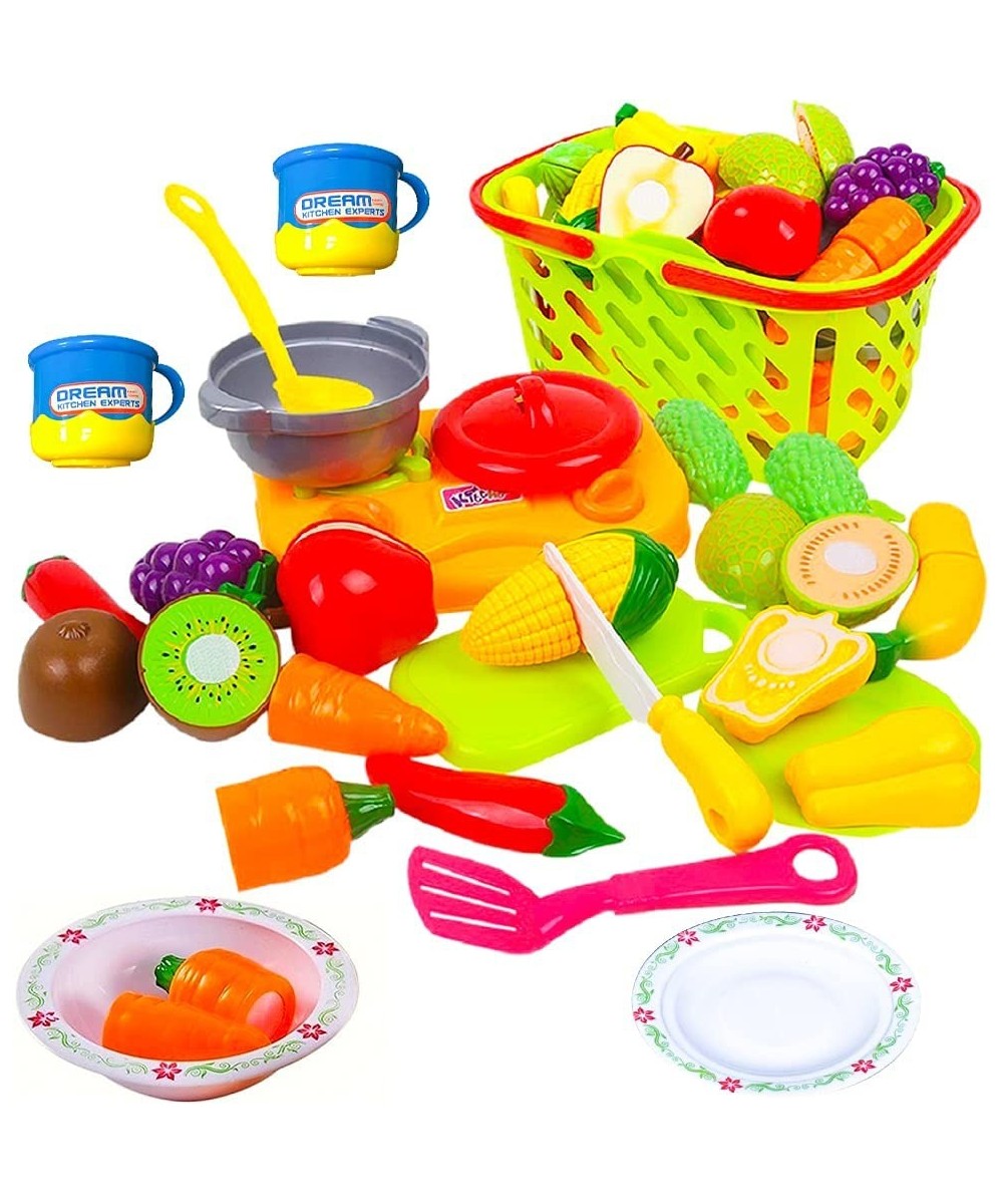 Cutting Play Food Set - Cuttable Play Vegetables and Fruits with Grocery Shopping Basket Mini Cooking Top Pot Dishes and Uten...