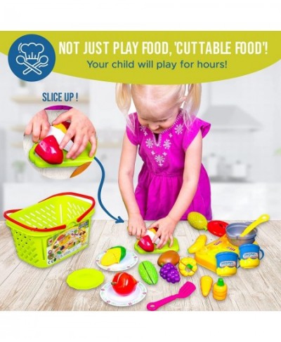 Cutting Play Food Set - Cuttable Play Vegetables and Fruits with Grocery Shopping Basket Mini Cooking Top Pot Dishes and Uten...