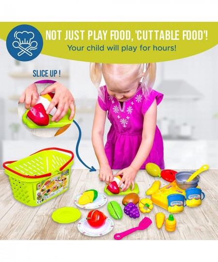 Cutting Play Food Set - Cuttable Play Vegetables and Fruits with Grocery Shopping Basket Mini Cooking Top Pot Dishes and Uten...