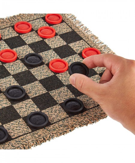 3-in-1 Mini Checkers Rug + Classic & Mega Tic Tac Toe - Portable Compact 12" x 12" Reversible Checkerboard Rug - Travel Parti...