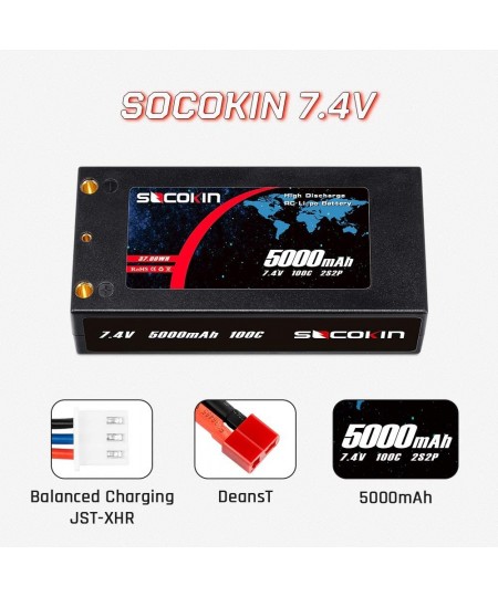 7.4V 2S Lipo Battery 5000mAh 100C Shorty Hard Case RC Battery with 4mm Bullet Deans Connector for RC 1/10 Scale Vehicles Car ...