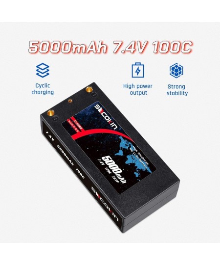 7.4V 2S Lipo Battery 5000mAh 100C Shorty Hard Case RC Battery with 4mm Bullet Deans Connector for RC 1/10 Scale Vehicles Car ...