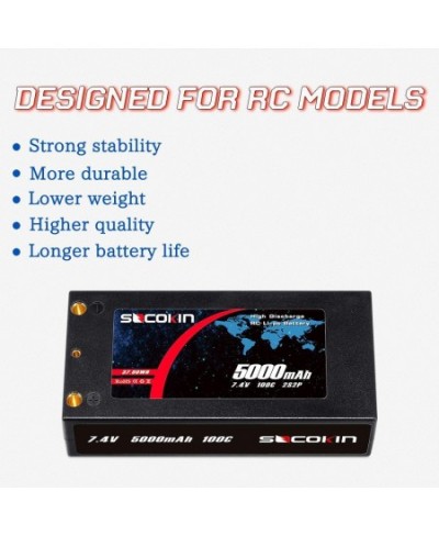 7.4V 2S Lipo Battery 5000mAh 100C Shorty Hard Case RC Battery with 4mm Bullet Deans Connector for RC 1/10 Scale Vehicles Car ...