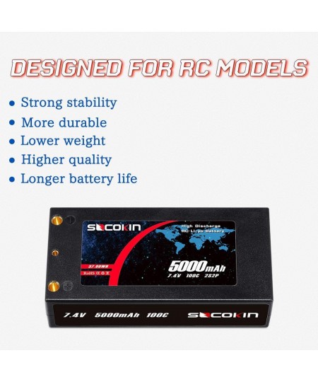 7.4V 2S Lipo Battery 5000mAh 100C Shorty Hard Case RC Battery with 4mm Bullet Deans Connector for RC 1/10 Scale Vehicles Car ...