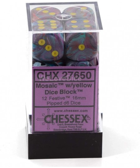 DND Dice Set-Chessex D&D Dice-16mm Festive Mosaic and Yellow Plastic Polyhedral Dice Set-Dungeons and Dragons Dice Includes 1...