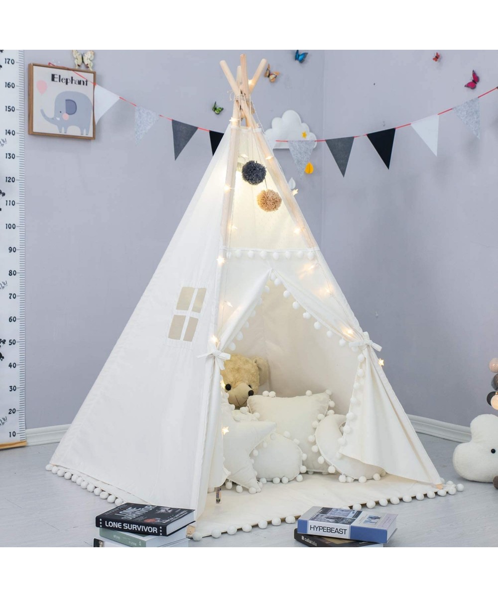 Teepee Tent for Kids with Padded Mat Foldable Play Tent with Carry Bag for Indoor Outdoor Pompom Lace Cotton Canvas Playhouse...