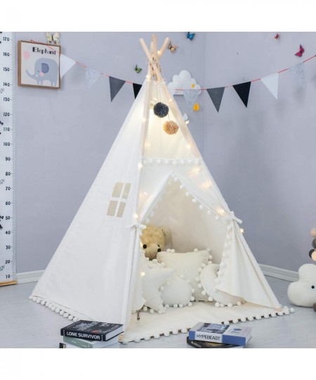 Teepee Tent for Kids with Padded Mat Foldable Play Tent with Carry Bag for Indoor Outdoor Pompom Lace Cotton Canvas Playhouse...