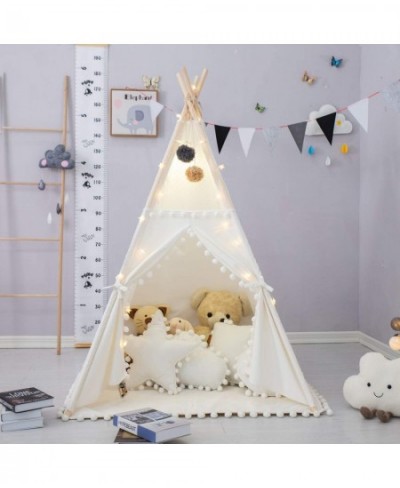 Teepee Tent for Kids with Padded Mat Foldable Play Tent with Carry Bag for Indoor Outdoor Pompom Lace Cotton Canvas Playhouse...