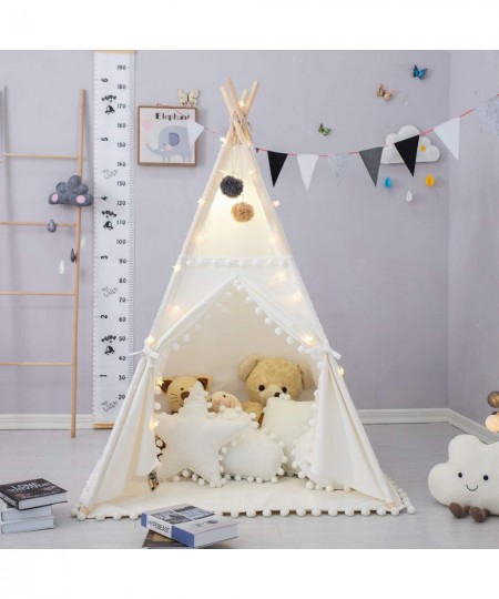 Teepee Tent for Kids with Padded Mat Foldable Play Tent with Carry Bag for Indoor Outdoor Pompom Lace Cotton Canvas Playhouse...