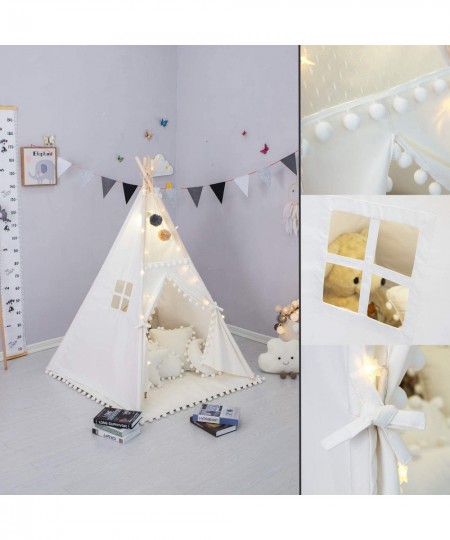 Teepee Tent for Kids with Padded Mat Foldable Play Tent with Carry Bag for Indoor Outdoor Pompom Lace Cotton Canvas Playhouse...