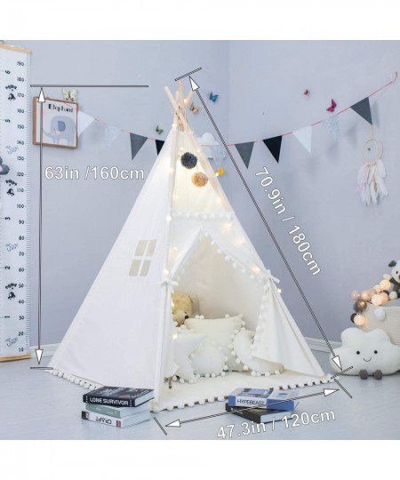 Teepee Tent for Kids with Padded Mat Foldable Play Tent with Carry Bag for Indoor Outdoor Pompom Lace Cotton Canvas Playhouse...