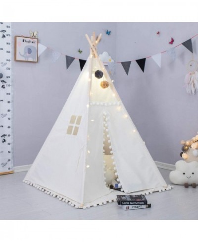 Teepee Tent for Kids with Padded Mat Foldable Play Tent with Carry Bag for Indoor Outdoor Pompom Lace Cotton Canvas Playhouse...