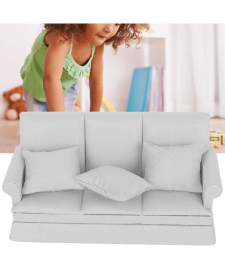 Miniature Dollhouse Sofa 1:12 Doll House Mini Sofa with 3Pcs Pillow DIY Dollhouse Living Room Furniture Wooden Doll House Dec...