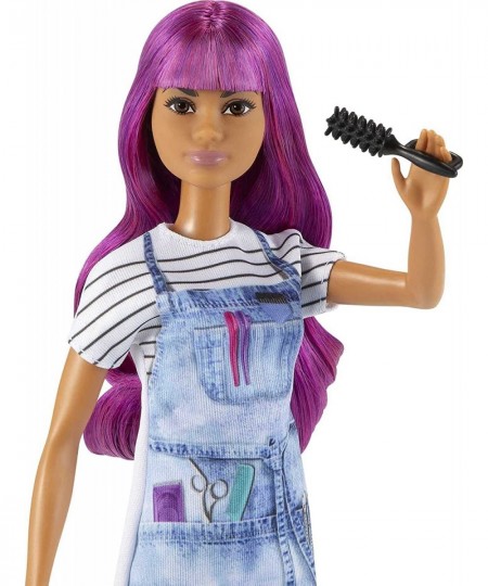 Salon Stylist Doll (12-in) with Purple Hair Tie-dye Smock Striped Tee Blow Dryer & Comb Accessories Great Gift for Ages 3 Yea...