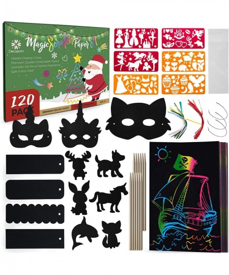 Kids Rainbow Scratch Paper Art - 120 Set Cool Black Scratch Off Art Drawing Supplies Kit for Kids - Boy or Girl Popular Craft...