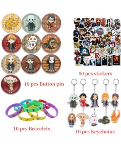 80pcs Harry Theme Birthday Party Favors Supplies Set Include 10 Button Pins 10 Key Chains 10 Silicone Bracelets 50 Stickers $...