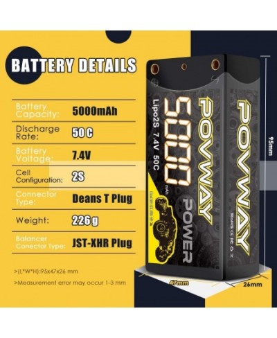 2S Shorty Lipo 5000mAh 7.4V 50C Hardcase Lipo Battery with 4mm Bullet Deans T Plug for 1/10 Scale RC Vehicles Cars Trucks Boa...