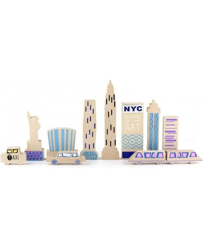 New York Theme Wooden Blocks Play Set of 11 - Wood + Felt Painted Monuments Architecture for Kids - Educational Learning Toys...