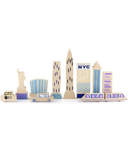 New York Theme Wooden Blocks Play Set of 11 - Wood + Felt Painted Monuments Architecture for Kids - Educational Learning Toys...