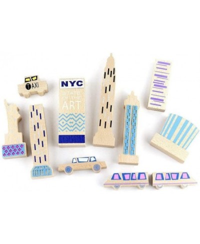 New York Theme Wooden Blocks Play Set of 11 - Wood + Felt Painted Monuments Architecture for Kids - Educational Learning Toys...