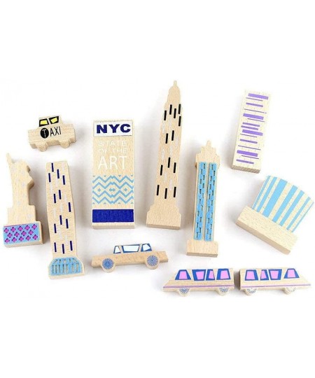 New York Theme Wooden Blocks Play Set of 11 - Wood + Felt Painted Monuments Architecture for Kids - Educational Learning Toys...