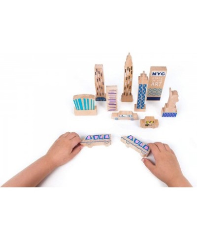 New York Theme Wooden Blocks Play Set of 11 - Wood + Felt Painted Monuments Architecture for Kids - Educational Learning Toys...