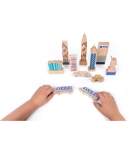 New York Theme Wooden Blocks Play Set of 11 - Wood + Felt Painted Monuments Architecture for Kids - Educational Learning Toys...