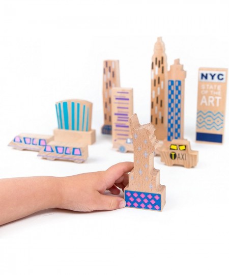 New York Theme Wooden Blocks Play Set of 11 - Wood + Felt Painted Monuments Architecture for Kids - Educational Learning Toys...