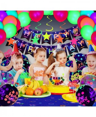 83 Pieces Glow in The Dark Party Supplies Neon Birthday Party Decorations with Happy Birthday Banner Table Cloth Glow in The ...