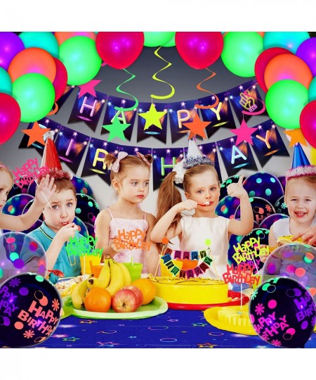 83 Pieces Glow in The Dark Party Supplies Neon Birthday Party Decorations with Happy Birthday Banner Table Cloth Glow in The ...