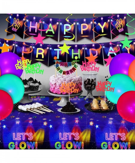 83 Pieces Glow in The Dark Party Supplies Neon Birthday Party Decorations with Happy Birthday Banner Table Cloth Glow in The ...