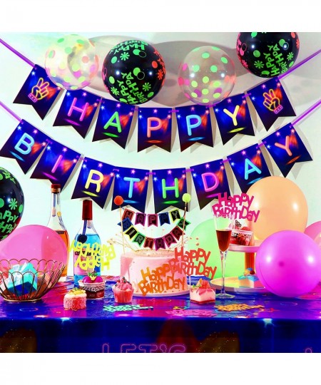 83 Pieces Glow in The Dark Party Supplies Neon Birthday Party Decorations with Happy Birthday Banner Table Cloth Glow in The ...