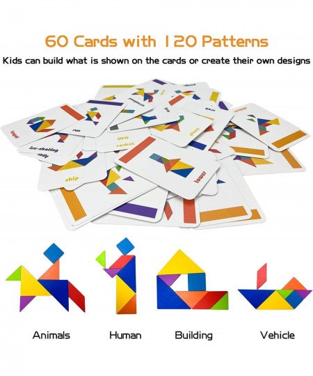 Tangram Pattern Puzzles Set Woodiness Puzzle Blocks Colorful Tangram Sorting 60 Design Cards with 120 Pattern Jigsaw Puzzle T...