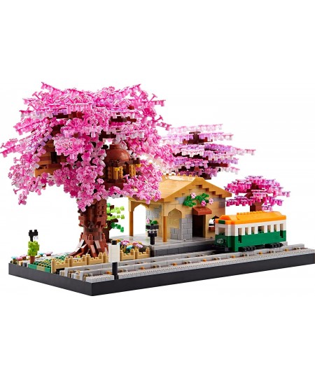 Sakura Tree House Building Kit City Architecture The Train at Japanese Station Cherry Blossom Plants Building Model Set Brick...