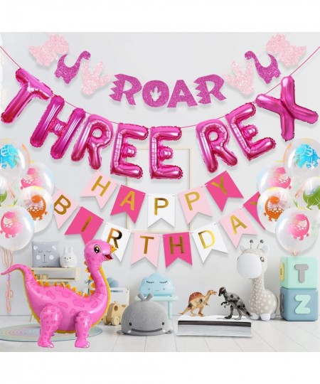 Dinosaur Party Decorations for Girls Three Rex Banner Cake Topper ROAR Garland Dinosaur Standing Balloon for Girls 3rd Dino B...