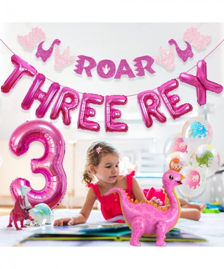 Dinosaur Party Decorations for Girls Three Rex Banner Cake Topper ROAR Garland Dinosaur Standing Balloon for Girls 3rd Dino B...