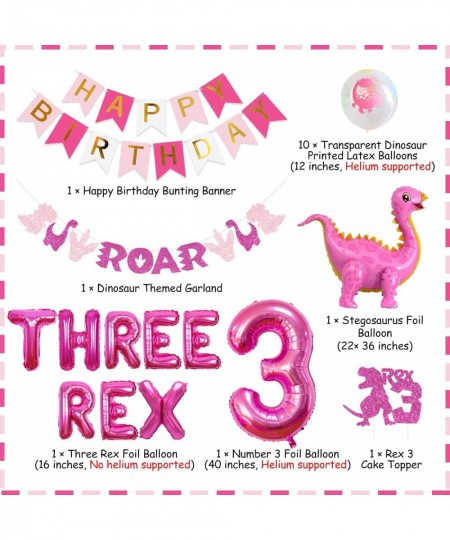 Dinosaur Party Decorations for Girls Three Rex Banner Cake Topper ROAR Garland Dinosaur Standing Balloon for Girls 3rd Dino B...