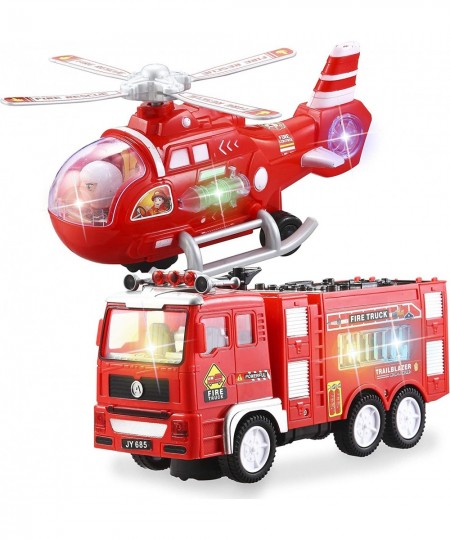 2 Pcs Toy Fire Truck Helicopter Toy Rescue Vehicle Playset with 4D Stunning Realistic Lights and Sounds Automatic Bump & Go T...