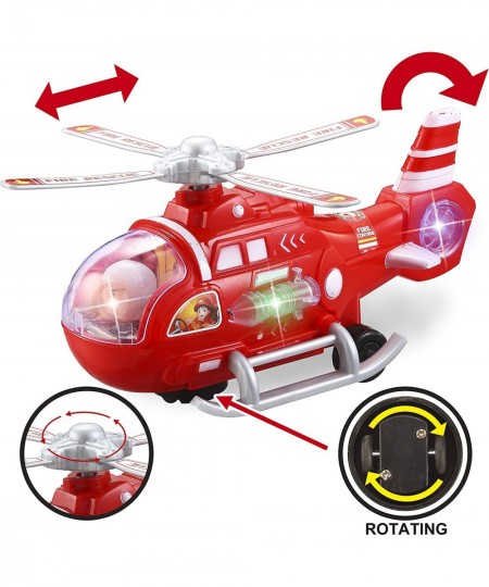 2 Pcs Toy Fire Truck Helicopter Toy Rescue Vehicle Playset with 4D Stunning Realistic Lights and Sounds Automatic Bump & Go T...