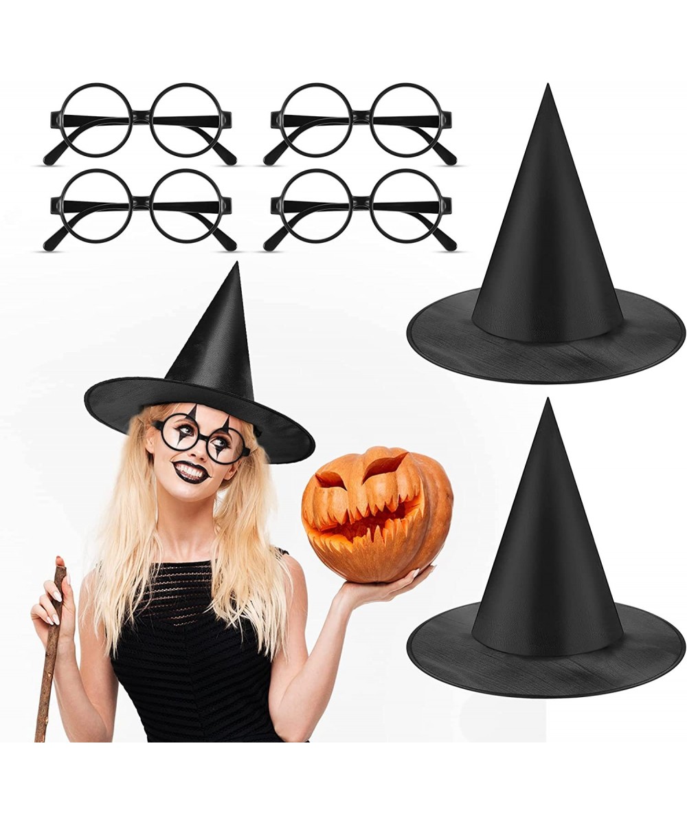 2 Pieces Halloween Black Witch Hat and 4 Pieces Plastic Wizard Glasses Round Frame Glasses No Lenses for Kids Adults Hallowee...