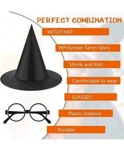 2 Pieces Halloween Black Witch Hat and 4 Pieces Plastic Wizard Glasses Round Frame Glasses No Lenses for Kids Adults Hallowee...