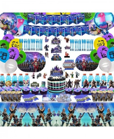 Fornite Party Supplies 266 Pcs Game Party Decorations Include Banners Cake Topper Door Hangings Napkins Stickers Knives Forks...