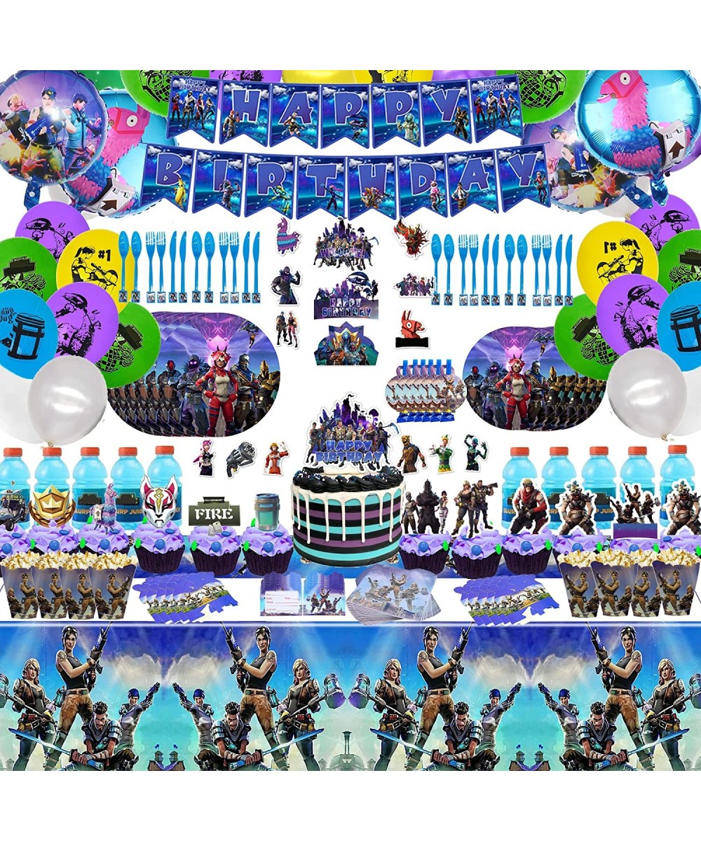 Fornite Party Supplies 266 Pcs Game Party Decorations Include Banners Cake Topper Door Hangings Napkins Stickers Knives Forks...