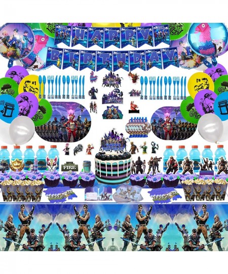 Fornite Party Supplies 266 Pcs Game Party Decorations Include Banners Cake Topper Door Hangings Napkins Stickers Knives Forks...