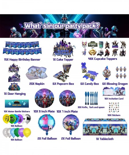 Fornite Party Supplies 266 Pcs Game Party Decorations Include Banners Cake Topper Door Hangings Napkins Stickers Knives Forks...