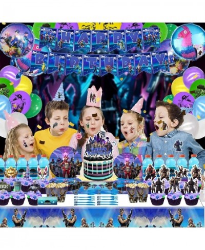 Fornite Party Supplies 266 Pcs Game Party Decorations Include Banners Cake Topper Door Hangings Napkins Stickers Knives Forks...